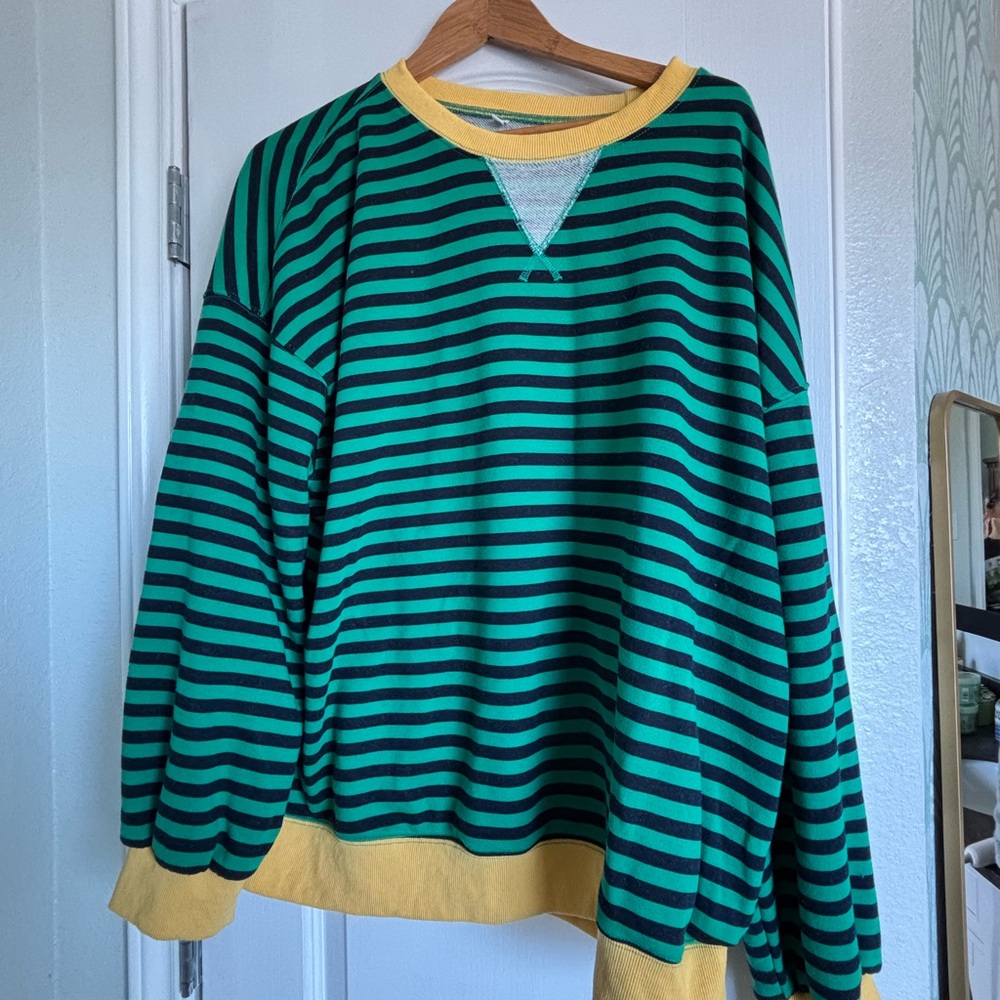 Green and Black Striped Sweatshirt with Yellow Accents